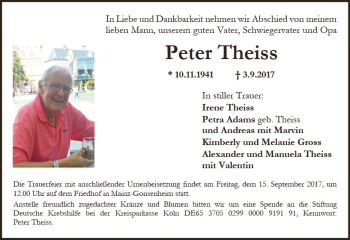 Traueranzeige von Peter Theiss von Trauerportal Rhein Main Presse