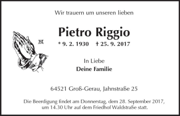 Traueranzeige von Pietro Riggio von Trauerportal Echo Online