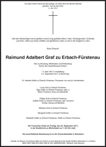 Traueranzeige von Raimund Adalbert Graf zu Erbach-Fürstenau von Trauerportal Echo Online