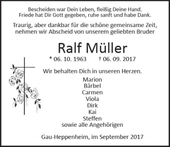 Traueranzeige von Ralf Müller von Trauerportal Rhein Main Presse