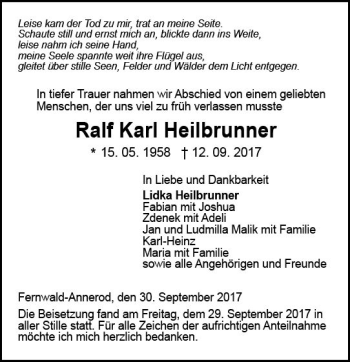 Traueranzeige von Ralf Karl Heilbrunner von  Gießener Anzeiger