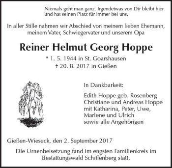 Traueranzeige von Reiner Helmut Georg Hoppe von  Gießener Anzeiger