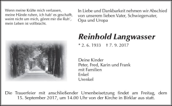 Traueranzeige von Reinhold Langwasser von  Gießener Anzeiger