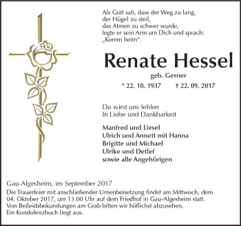 Traueranzeige von Renate Hessel von Trauerportal Rhein Main Presse