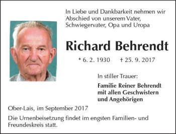 Traueranzeige von Richard Behrendt von  Kreisanzeiger