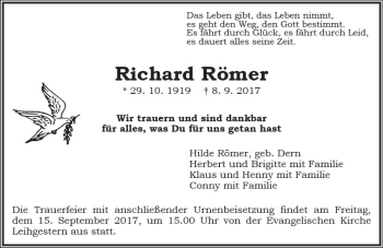 Traueranzeige von Richard Römer von  Gießener Anzeiger