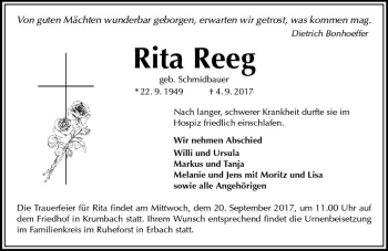 Traueranzeige von Rita Reeg von Trauerportal Echo Online