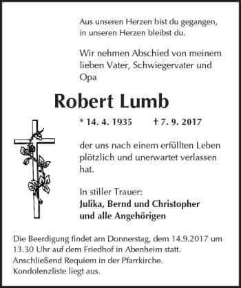Traueranzeige von Robert Lumb von Trauerportal Rhein Main Presse