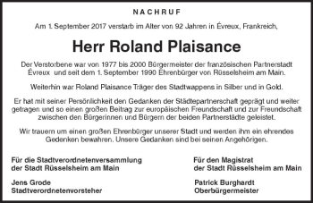 Traueranzeige von Roland Plaisance von Trauerportal Rhein Main Presse