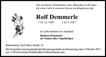 Traueranzeige von Rolf Demmerle von Trauerportal Rhein Main Presse