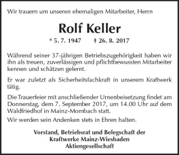 Traueranzeige von Rolf Keller von Trauerportal Rhein Main Presse