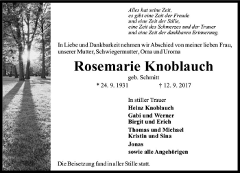 Traueranzeige von Rosemarie Knoblauch von Trauerportal Rhein Main Presse