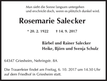 Traueranzeige von Rosemarie Salecker von Trauerportal Rhein Main Presse
