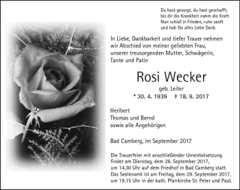 Traueranzeige von Rosi Wecker von  Camberger Anzeiger