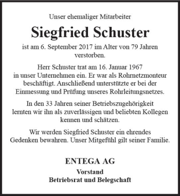 Traueranzeige von Siegfried Schuster von Trauerportal Echo Online