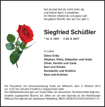 Traueranzeige von Siegfried Schüßler von Trauerportal Echo Online