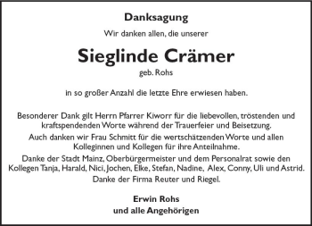Traueranzeige von Sieglinde Crämer von Trauerportal Rhein Main Presse