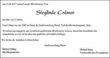 Traueranzeige von Sieglinde Crämer von Trauerportal Rhein Main Presse