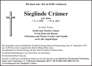 Traueranzeige von Sieglinde Crämer von Trauerportal Rhein Main Presse