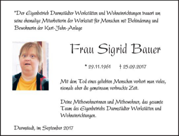 Traueranzeige von Sigrid Bauer von Trauerportal Echo Online