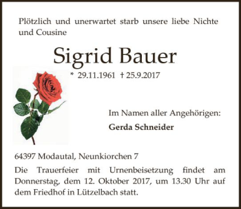 Traueranzeige von Sigrid Bauer von Trauerportal Echo Online