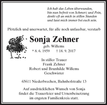 Traueranzeige von Sonja Zehner von  Camberger Anzeiger