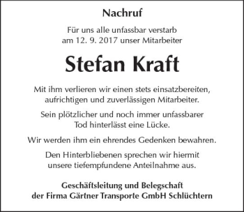 Traueranzeige von Stefan Kraft von  Kreisanzeiger