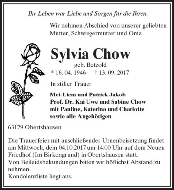 Traueranzeige von Sylvia Chow von Trauerportal Echo Online