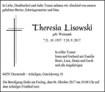 Traueranzeige von Theresia Lisowski von Trauerportal Echo Online