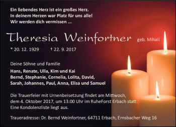 Traueranzeige von Theresia Weinfortner von Trauerportal Echo Online