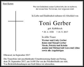 Traueranzeige von Toni Gerber von VRM Trauer