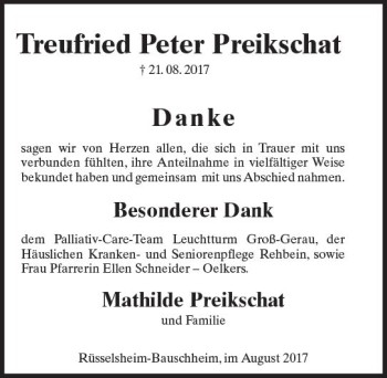 Traueranzeige von Treufried Peter Preikschat von Trauerportal Rhein Main Presse