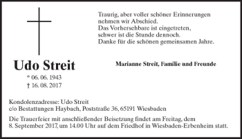 Traueranzeige von Udo Streit von Trauerportal Rhein Main Presse