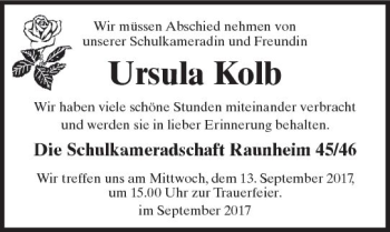 Traueranzeige von Ursula Kolb von Trauerportal Rhein Main Presse