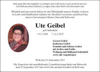 Traueranzeige von Ute Geibel von  Kreisanzeiger