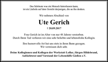 Traueranzeige von Ute Gerich von  Gießener Anzeiger