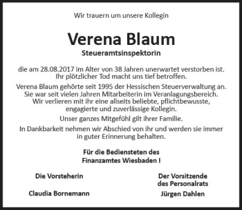 Traueranzeige von Verena Blaum von Trauerportal Rhein Main Presse