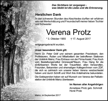 Traueranzeige von Verena Protz von Trauerportal Rhein Main Presse