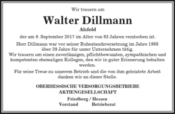 Traueranzeige von Walter Dillmann von VRM Trauer