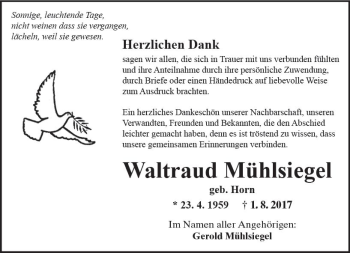 Traueranzeige von Waltraud Mühlsiegel von Trauerportal Echo Online