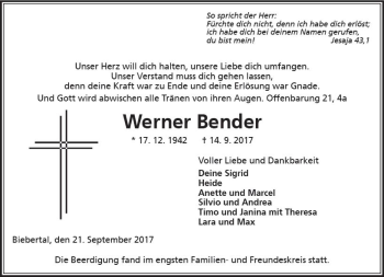 Traueranzeige von Werner Bender von  Gießener Anzeiger