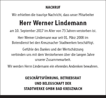 Traueranzeige von Werner Lindemann von Trauerportal Rhein Main Presse