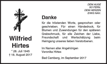 Traueranzeige von Wilfried Hirtes von  Camberger Anzeiger