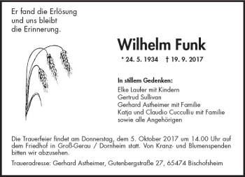 Traueranzeige von Wilhelm Funk von Trauerportal Echo Online
