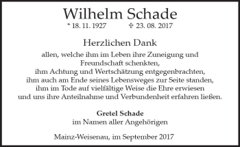 Traueranzeige von Wilhelm Schade von Trauerportal Rhein Main Presse