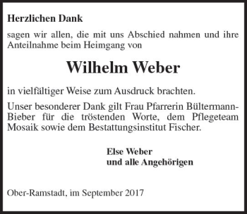 Traueranzeige von Wilhelm Weber von Trauerportal Echo Online
