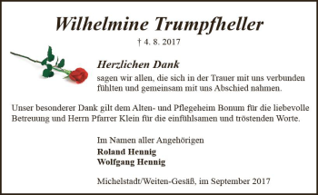 Traueranzeige von Wilhelmine Trumpfheller von Trauerportal Echo Online