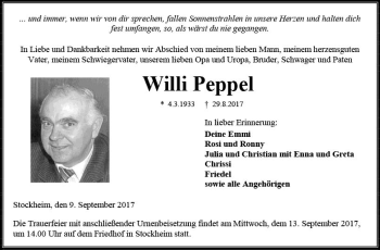 Traueranzeige von Willi Peppel von  Kreisanzeiger