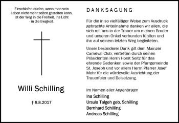 Traueranzeige von Willi Schilling von Trauerportal Rhein Main Presse