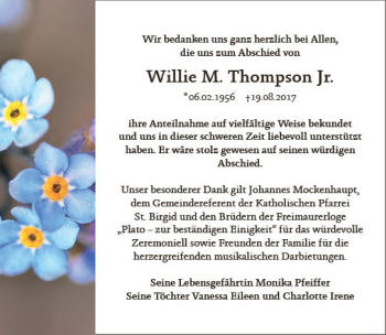 Traueranzeige von Willie Thompson von Trauerportal Rhein Main Presse